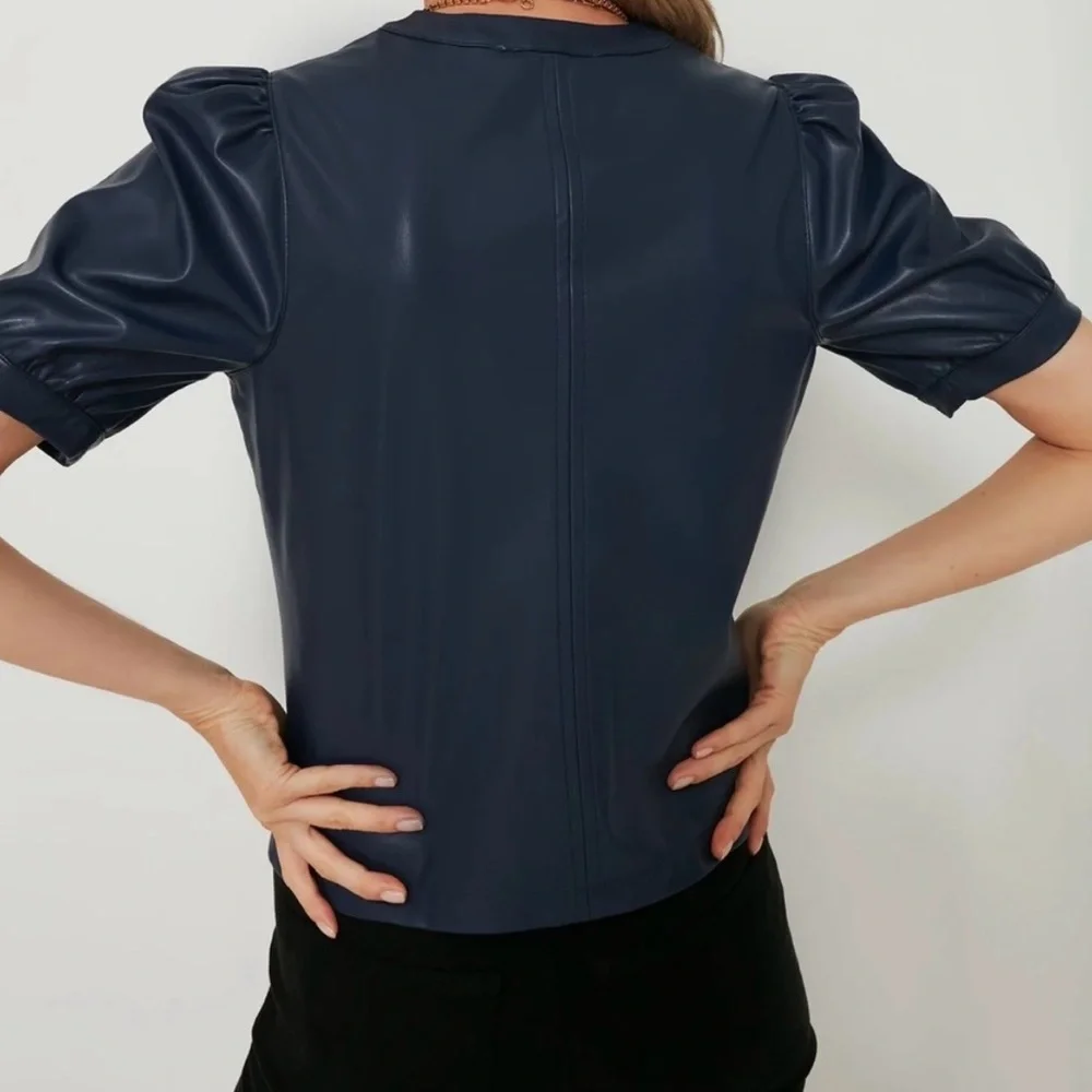 Tuckernuck Hyacinth House Navy Faux Leather Min Top Puff Sleeve Sz XS